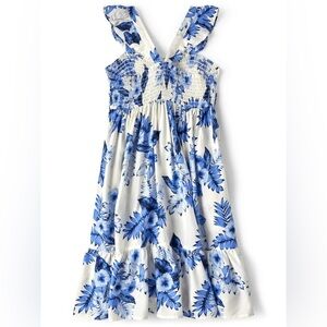 The Children’s Place Girls Floral Tiered Dress - White/Blue - Size Small (5/6)